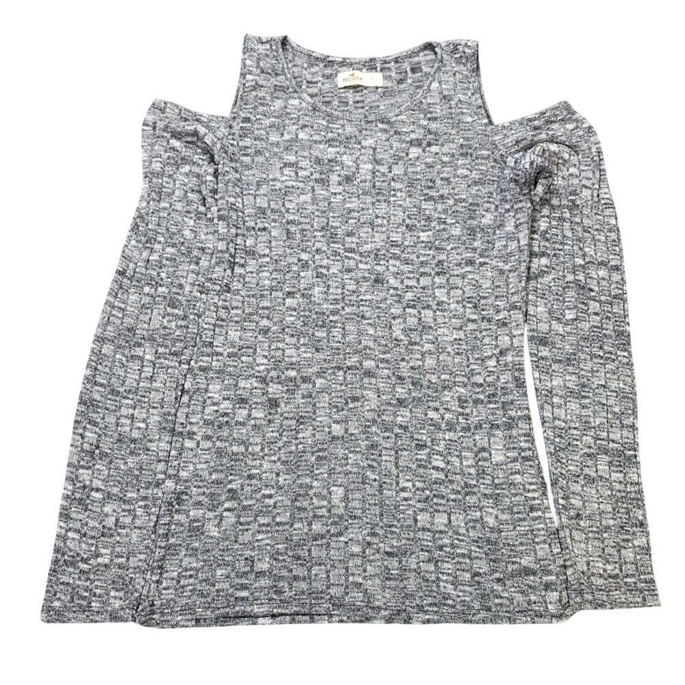 Hollister Cold Shoulder Ribbed Knit Long Sleeve Top Womens Size L Grey Space Dye